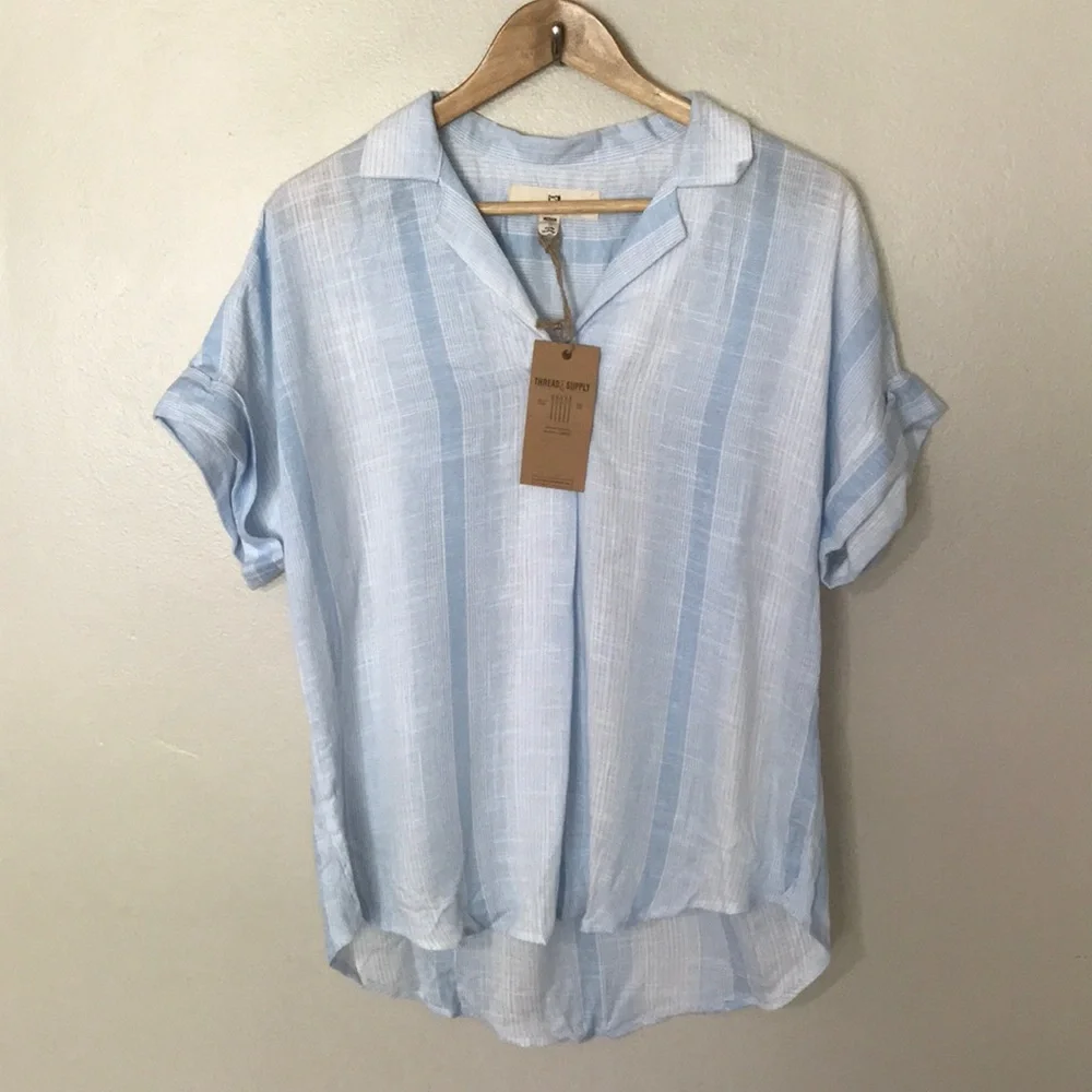 Light Blue Striped Women’s Short Sleeve Shirt - Unbranded - Picture 1 of 6